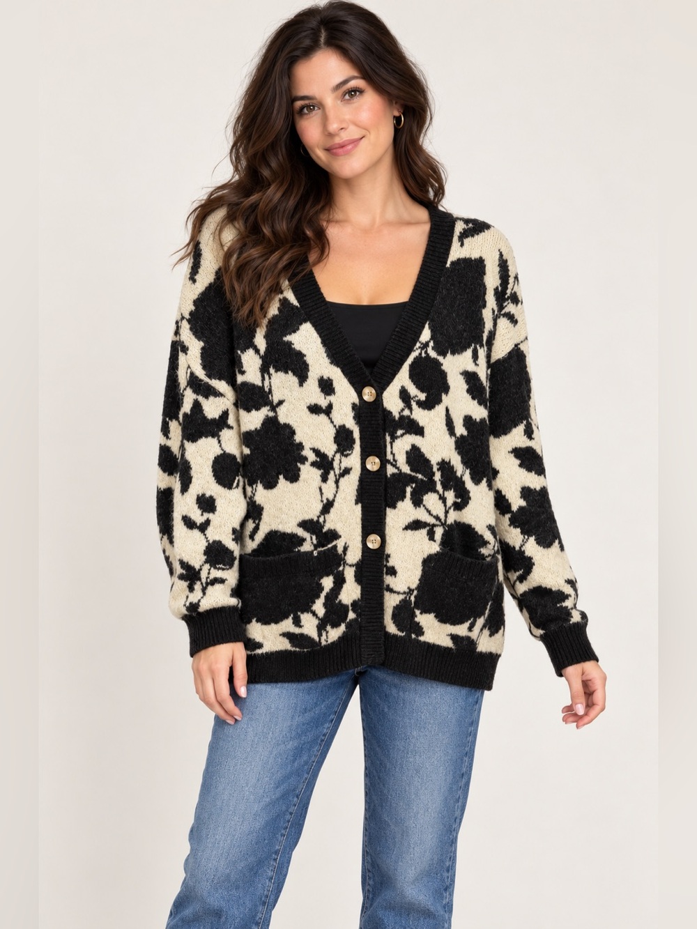 Lularoe Floral Pattern Black and Cream V-Neck Button Cardigan Sweater